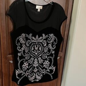 Dressbarn Black Top with Silver Embroidery